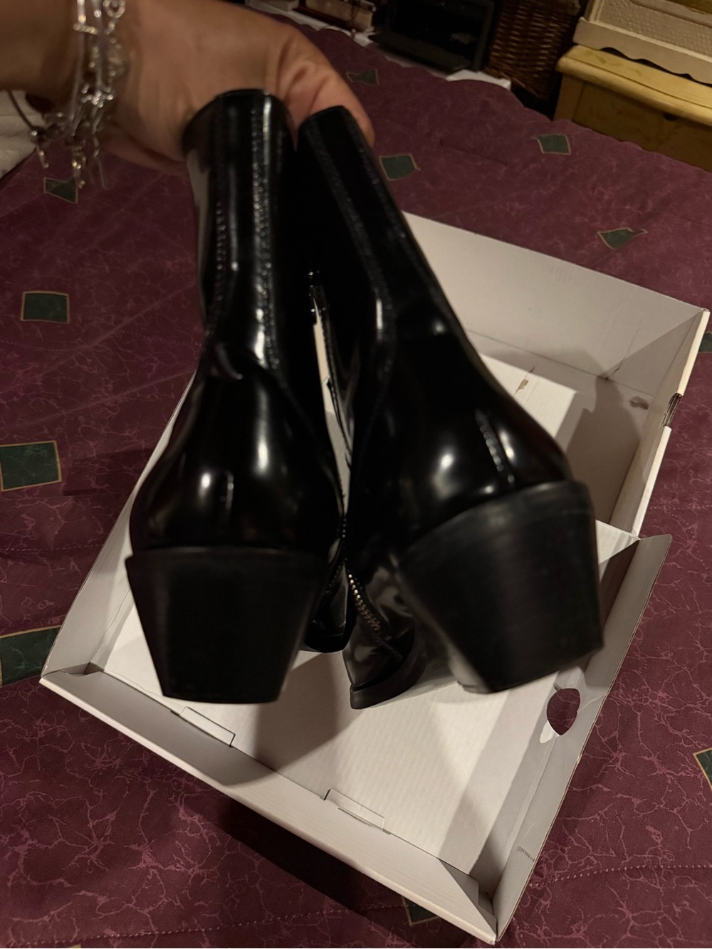 Calvin Klein Jeans Black Patent Pointed Ankle Booties with Side Zipper - Picture 5 of 9